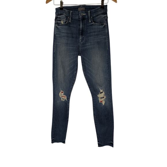 Mother High Waisted Looker Ankle Fray Jeans Plaid Knee - Picture 2 of 8